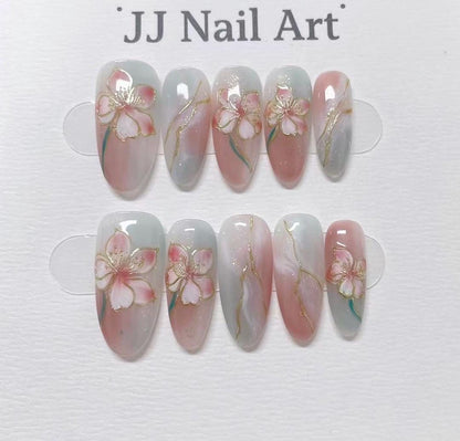 Petals in Smudge Hand Painted Press On Nails: Custom Shape Reusable Nail Set