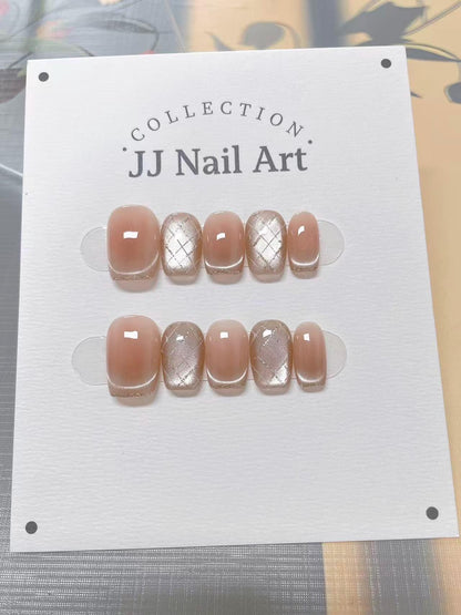 Pattern French Cat Eye Hand Painted Press On Nails: Custom Shape Reusable Nail Set