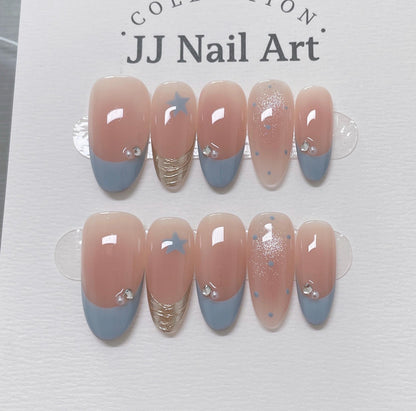 Blue Stars French Press On Nails: Reusable Custom Shape Set