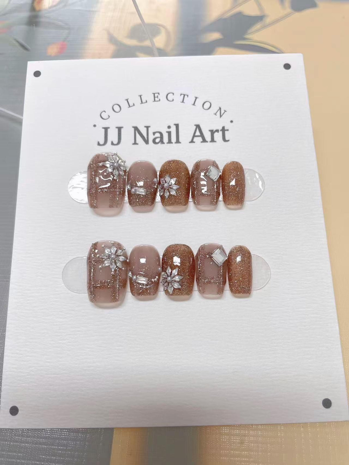 Gem Stones Brown Hand Painted Press On Nails: Custom Shape Reusable Nail Set