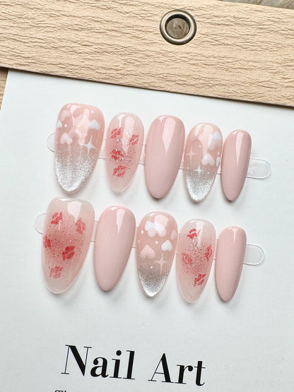 Valentines Day Hearts Cat Eye Customized Press on Nails, Hand Painted Fake Nails, Fancy Cute Nails, Artist Faux Nails, Reusable Premium Nail