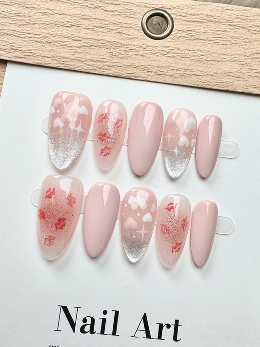 Valentines Day Hearts Cat Eye Customized Press on Nails, Hand Painted Fake Nails, Fancy Cute Nails, Artist Faux Nails, Reusable Premium Nail
