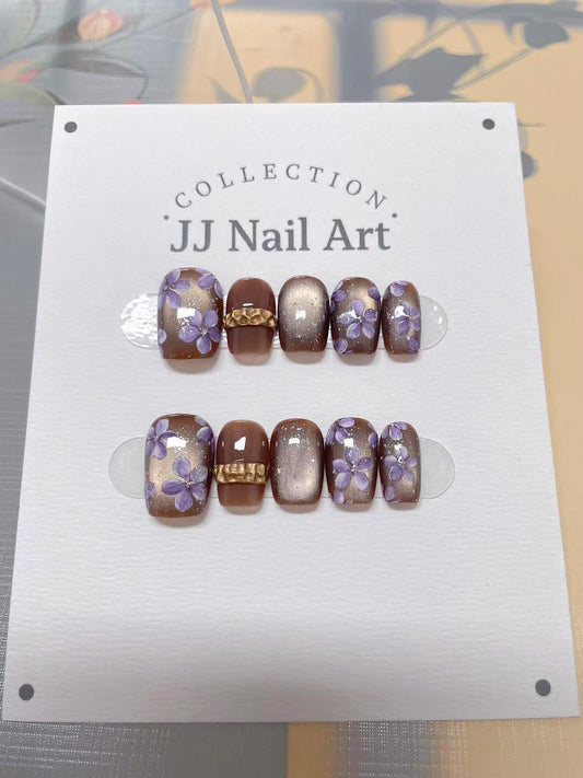 Purple Petals Cat Eye Hand Painted Press On Nails: Custom Shape Reusable Nail Set