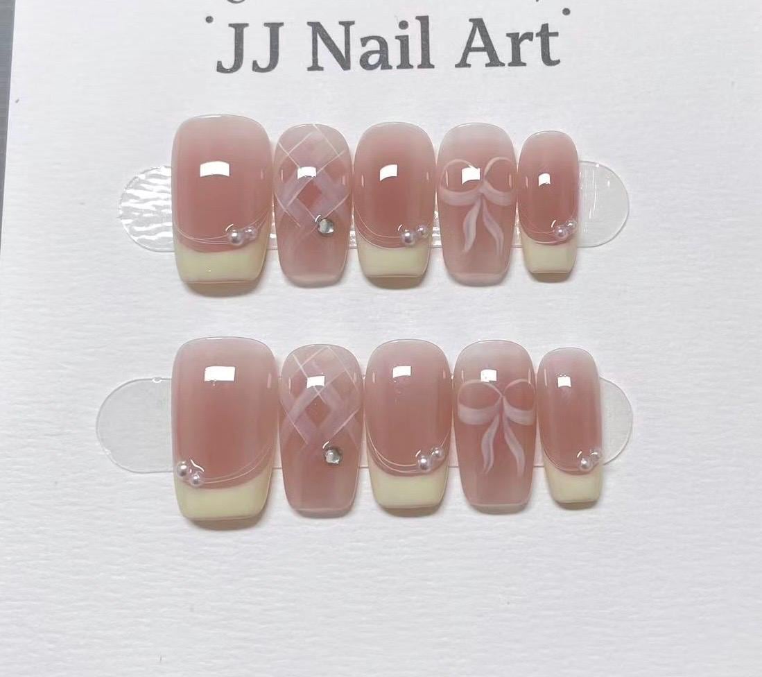 Bow Tie French Hand Painted Press On Nails: Custom Shape Reusable Nail Set