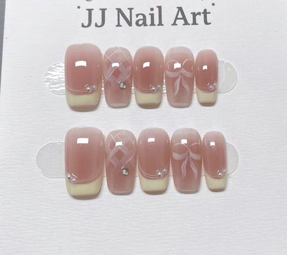 Bow Tie French Hand Painted Press On Nails: Custom Shape Reusable Nail Set