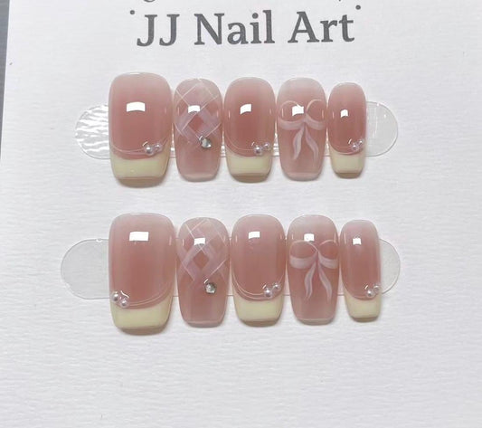 Bow Tie French Hand Painted Press On Nails: Custom Shape Reusable Nail Set