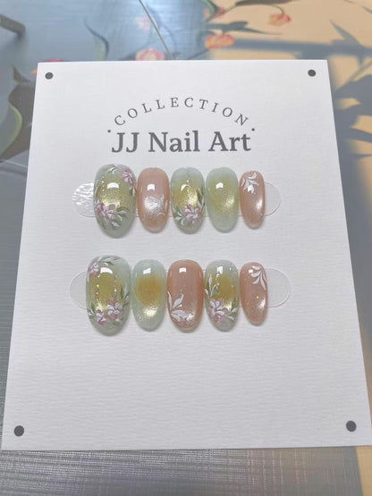 Handmade Blooming Flowers Green Cat Eye Press On Nails: Reusable Nail Set