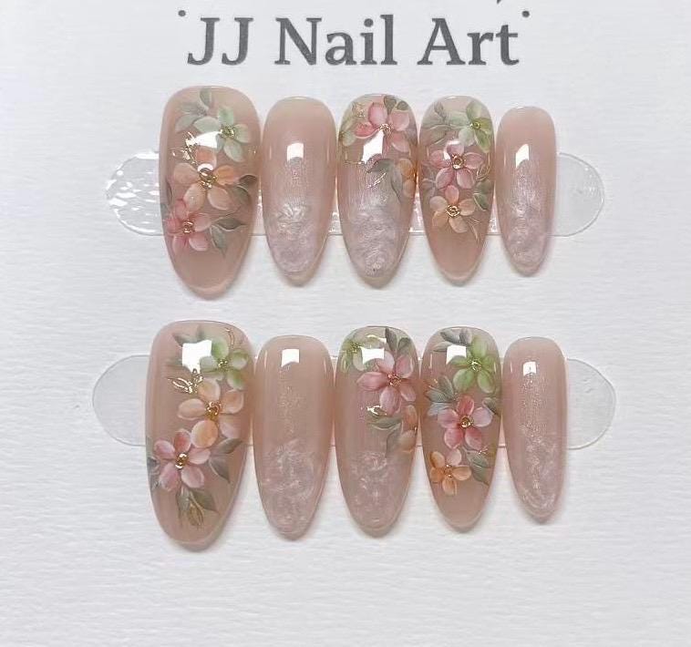 Fresh Color Flowers Hand Painted Press On Nails: Custom Shape Reusable Nail Set