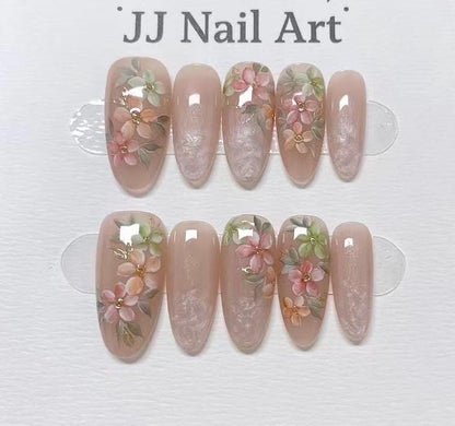 Fresh Color Flowers Hand Painted Press On Nails: Custom Shape Reusable Nail Set
