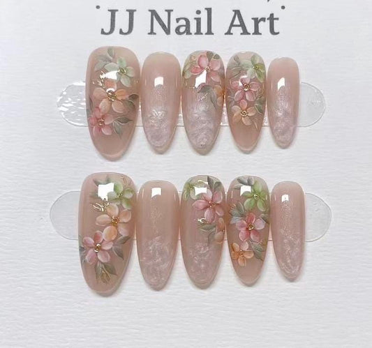 Fresh Color Flowers Hand Painted Press On Nails: Custom Shape Reusable Nail Set