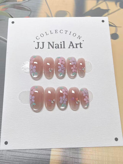 Spring Petals Hand Painted Press On Nails: Custom Shape Reusable Nail Set