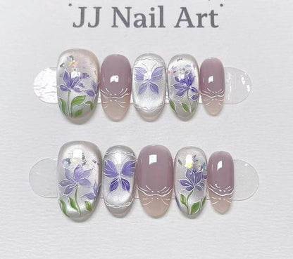 Purple Flowers Cat Eye Hand Painted Press On Nails: Custom Shape Reusable Nail Set