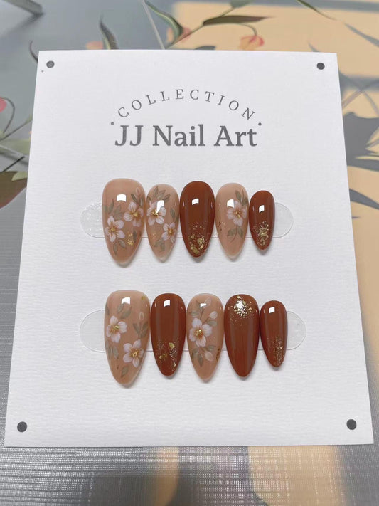 Hand Painted Flower Press On Nails: Custom Shape, Reusable