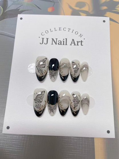 Butterfly Ink Wash Press On Nails: Hand Painted Reusable Fake Nails
