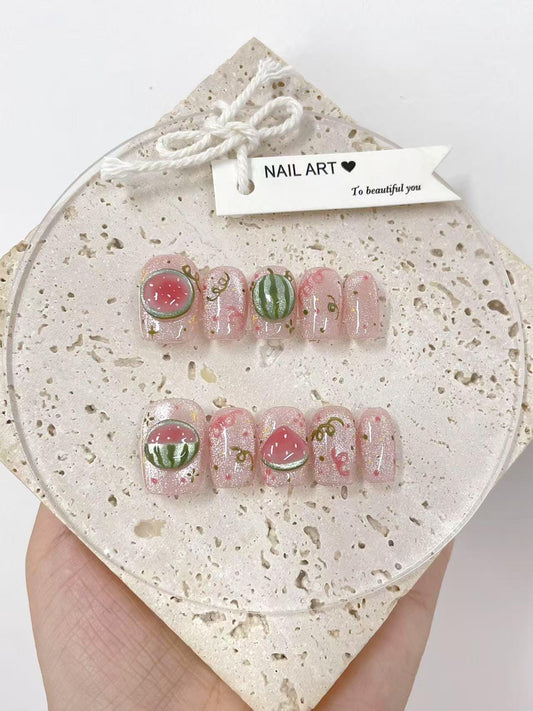 3D Watermelon Cat Eye Press On Nails, Handmade Reusable Custom Nail Shape