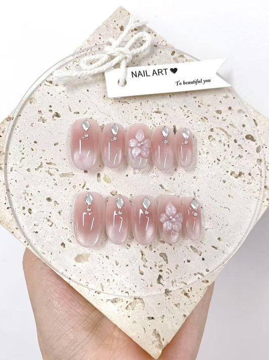 Hand Painted Ombre Cat Eye Press On Nails: Reusable Artist Faux Nails
