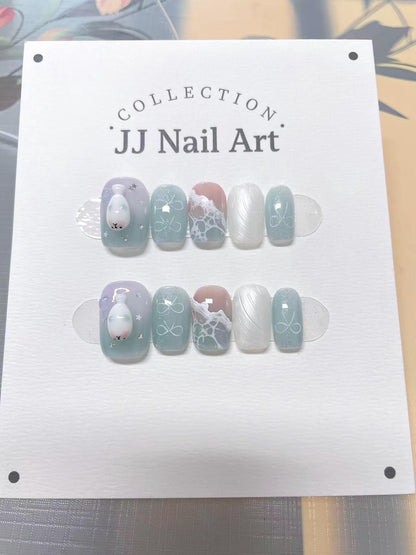 Beach Hand Painted Press On Nails: Custom Shape Reusable Nail Set