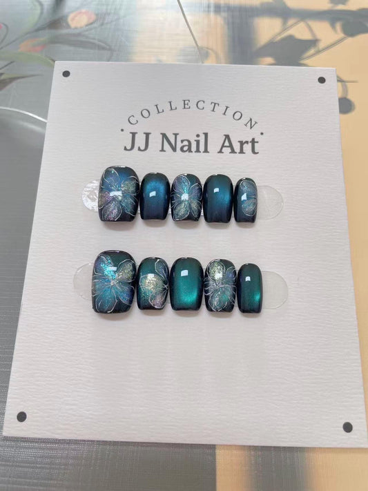 Handmade Blue Petals Cat Eye Press On Nails: Custom Shape Reusable Set