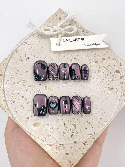 Handmade Kitty & Hearts Press On Nails, Reusable Custom Nail Shape