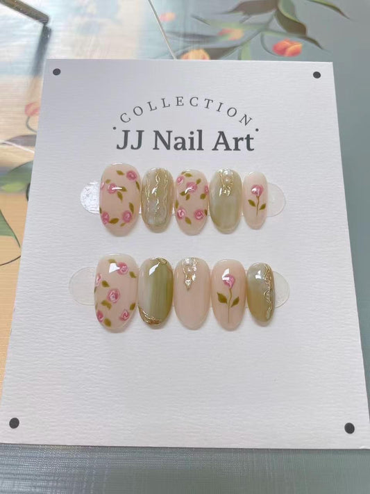 Handmade Pink Roses Green Smudge Press On Nails: Reusable Set