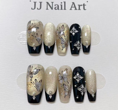 Hand Painted Butterfly Press On Nails: Custom Nail Shape, Reusable Fake Nails