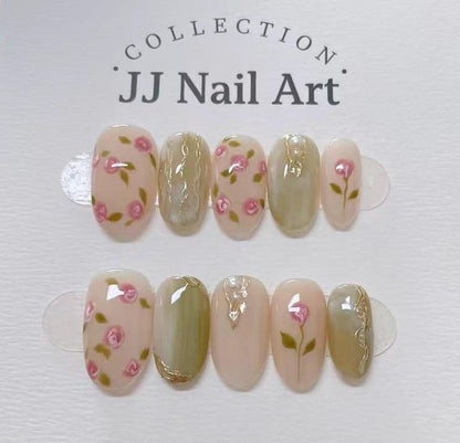 Handmade Pink Roses Green Smudge Press On Nails: Reusable Set