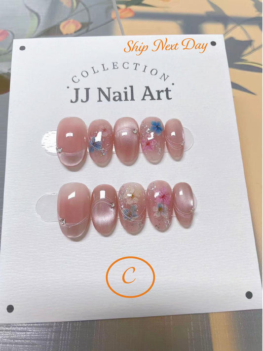 Hand-Painted Purple Cat Eye Petal Press On Nails: Reusable Custom Set