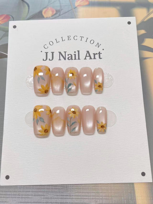 Handmade Sun Flowers Cat Eye Press On Nails: Reusable Set