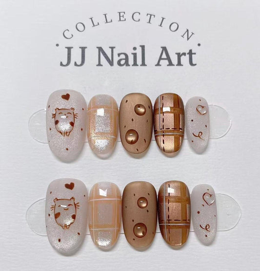Custom Shape Press On Nails: Smiling Cats Hand Painted, Reusable Fake Nails