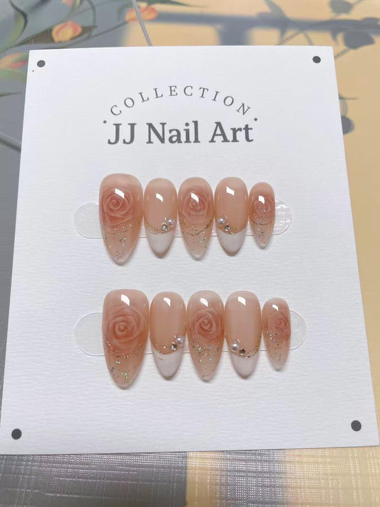 Rose White French Tip Press On Nails: Hand Painted Custom Shape, Reusable Fake Nails