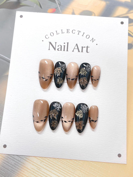 Hand Painted Fall Maple Leaf Press On Nails: Cat Eye Reusable Faux Nails