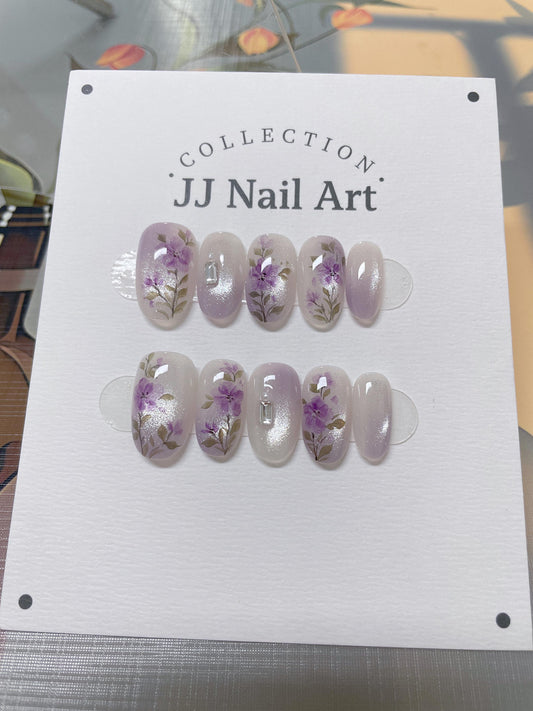 Handmade Purple Flowers Cat Eye Petals  Press On Nails: Reusable Set