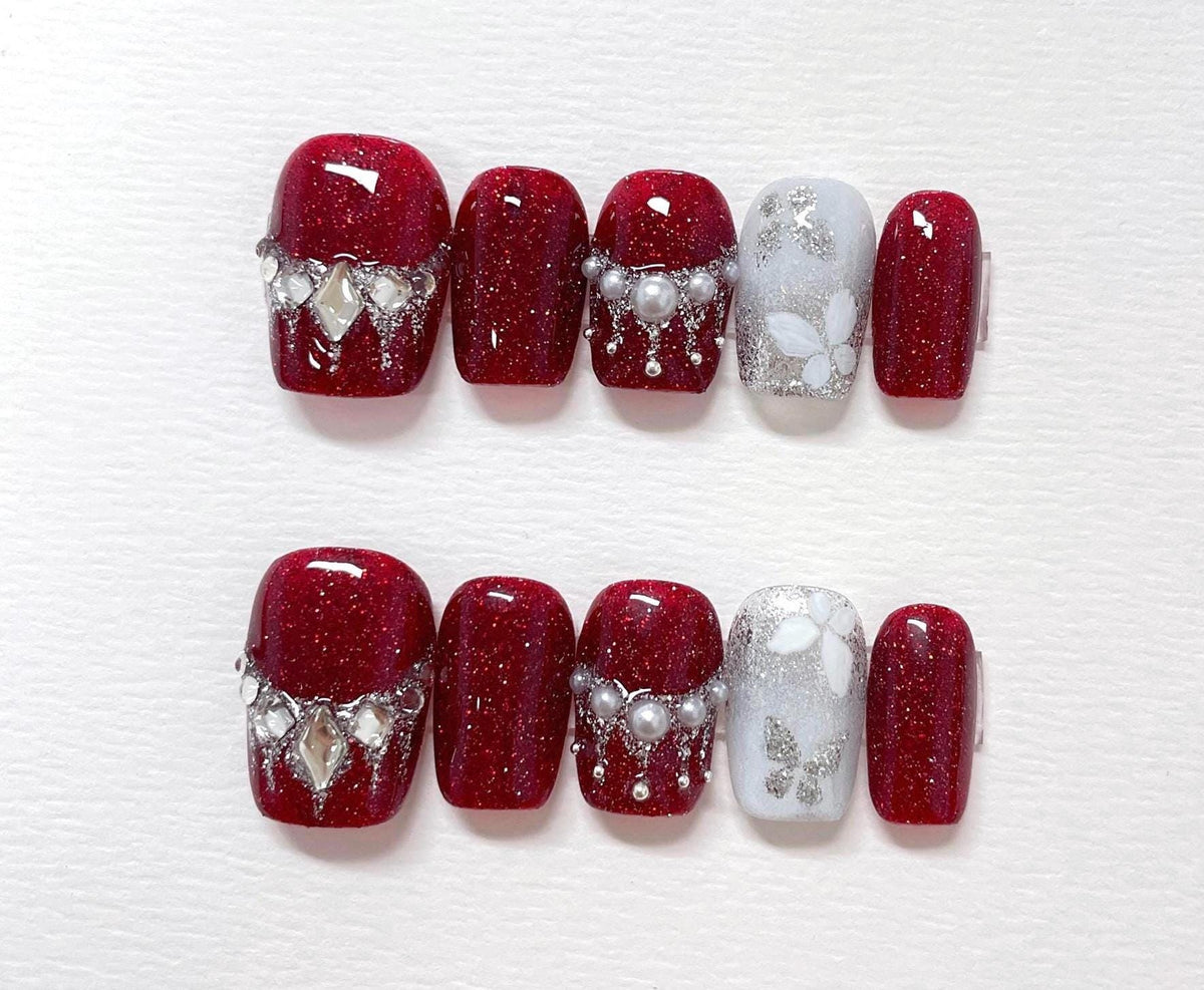 Hand Painted Butterfly Press On Nails: Red Glitter, Pearl Accent, Reusable