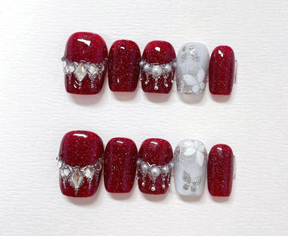 Hand Painted Butterfly Press On Nails: Red Glitter, Pearl Accent, Reusable