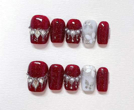 Hand Painted Butterfly Press On Nails: Red Glitter, Pearl Accent, Reusable