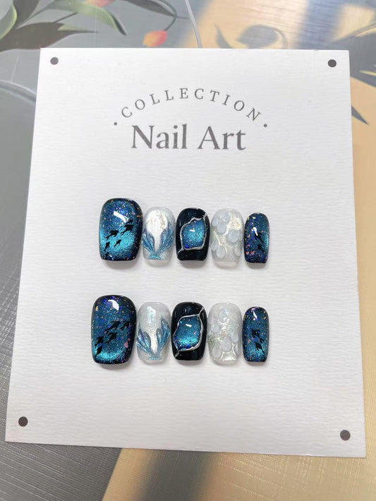 Hand Painted Mermaid Cat Eye Press On Nails: Reusable Artist Faux Nails