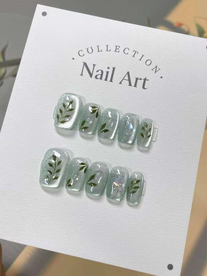 Hand Painted Floral Press On Nails: Cold Night Gel Faux Nails
