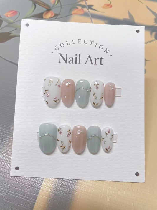 Hand Painted Press On Nails: Pink & Blue Flying Flowers, Reusable Faux Nails
