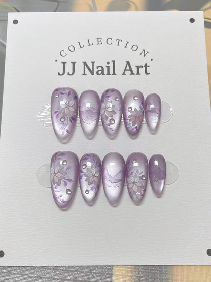 Purple Cat Eye W Petals Press On Nails: Hand Painted Reusable Custom Shape Nails