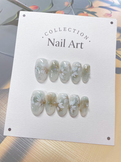 Hand Painted Press On Nails: White Flower Bead Design, Reusable Faux Nails