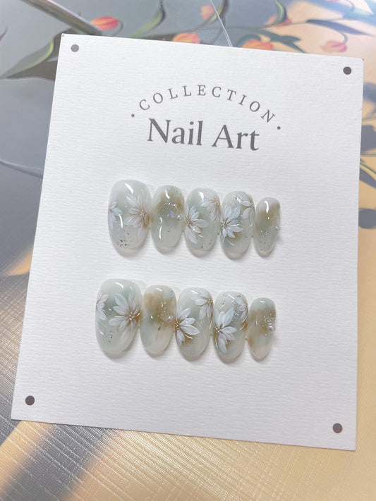 Hand Painted Press On Nails: White Flower Bead Design, Reusable Faux Nails