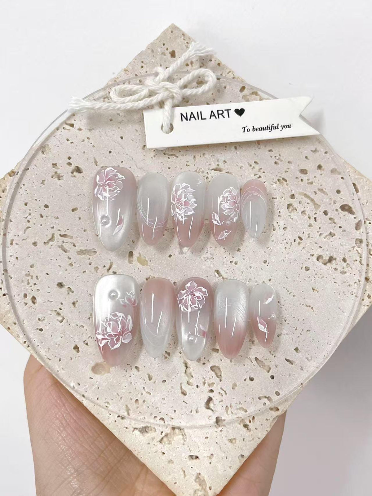 Hand Painted Cat Eye Press On Nails, White Petals, Reusable Nail