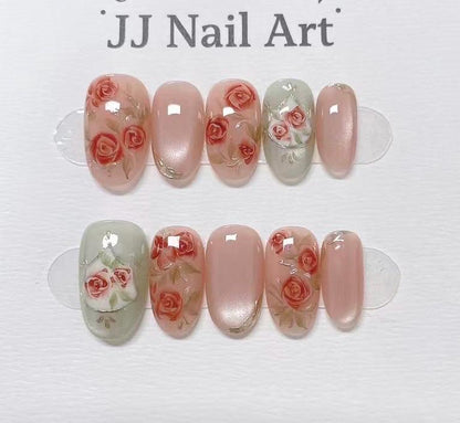 Rose Banquet Hand Painted Press On Nails: Custom Shape Reusable Nail Set