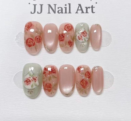Rose Banquet Hand Painted Press On Nails: Custom Shape Reusable Nail Set