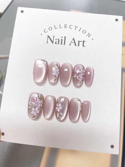 Hand Painted Pink Roses Press On Nails: Reusable Artist Faux Nails