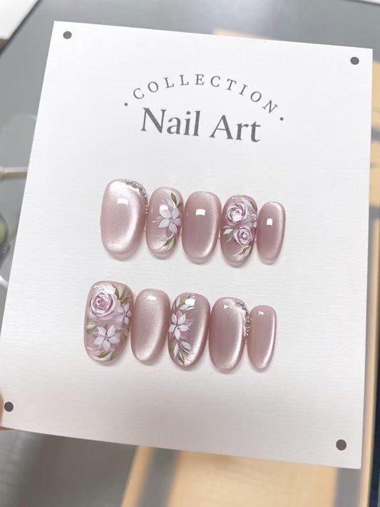 Hand Painted Pink Roses Press On Nails: Reusable Artist Faux Nails