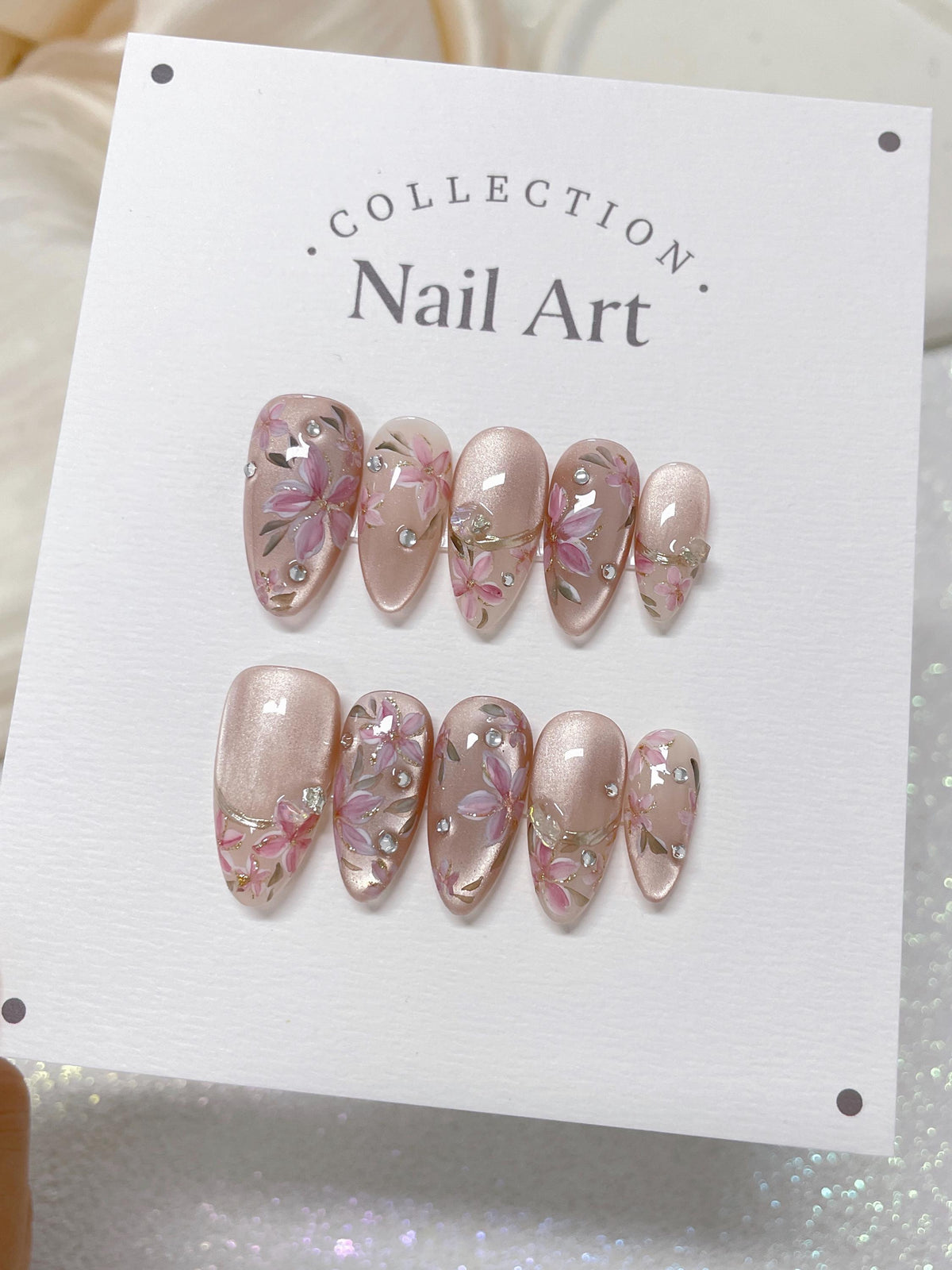 Pink Lily Press On Nails, Crystal Bead Hand Painted Custom Nail Shape, Reusable