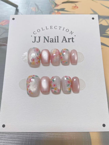 Handmade Garden Flowers Cat Eye Press On Nails: Reusable Set