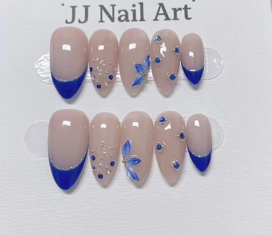 Blue Flowers French Press On Nails: Reusable Custom Shape Set