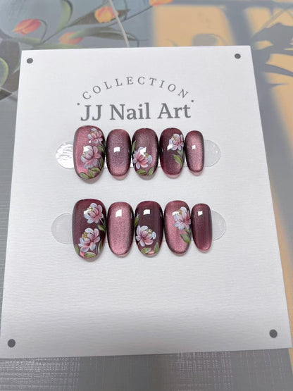Hand Painted Flower Press On Nails: Cat Eye Reusable Nail Set